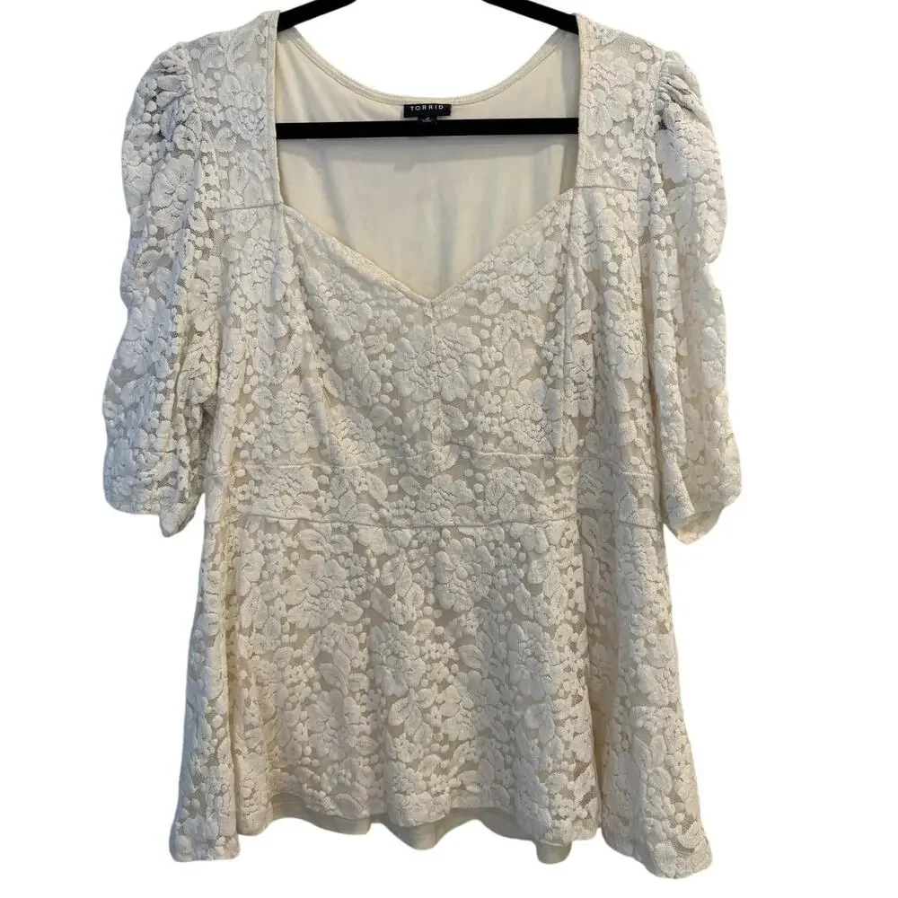 TORRID White Lace Puff Sleeve Sweetheart Blouse Cottagecore Boho Peplum Top 3X - Picture 1 of 4